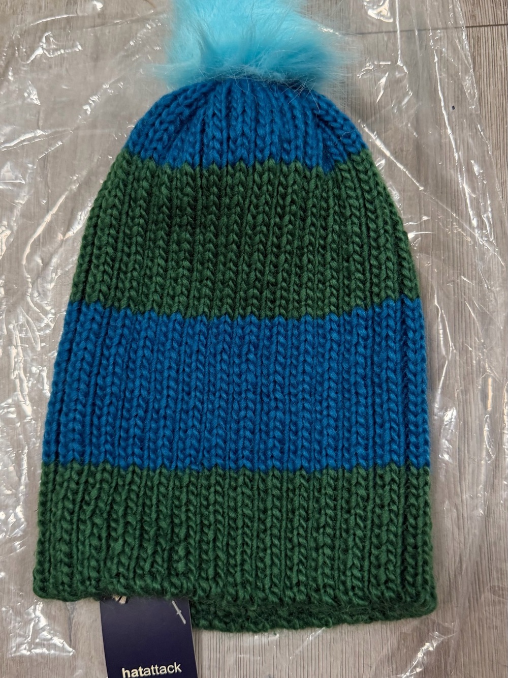 Hat Attack Striped Blue & Green Pom Beanie
